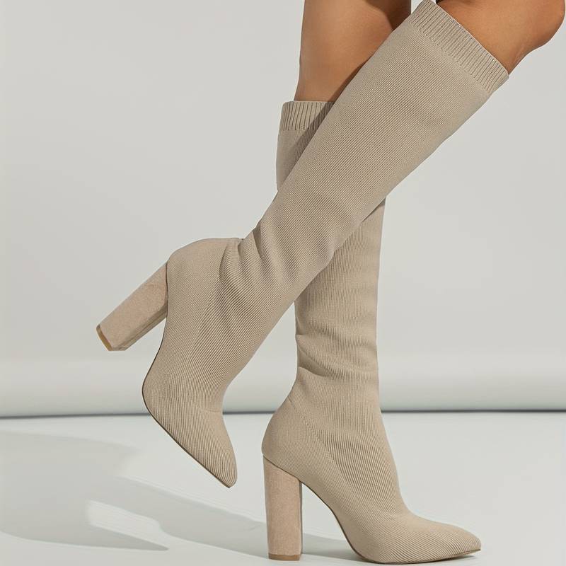Women’s Stretch Knit Knee - High Sock Boots with Block Heel