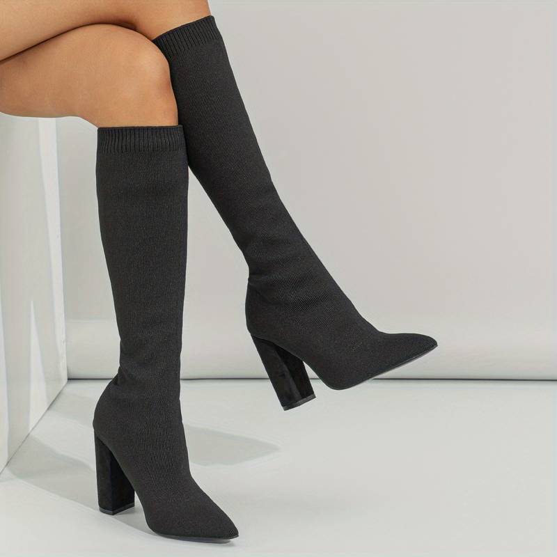 Women’s Stretch Knit Knee - High Sock Boots with Block Heel