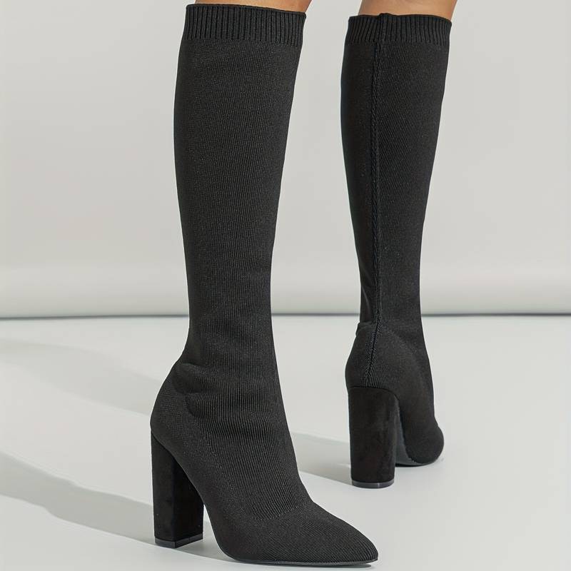 Women’s Stretch Knit Knee - High Sock Boots with Block Heel