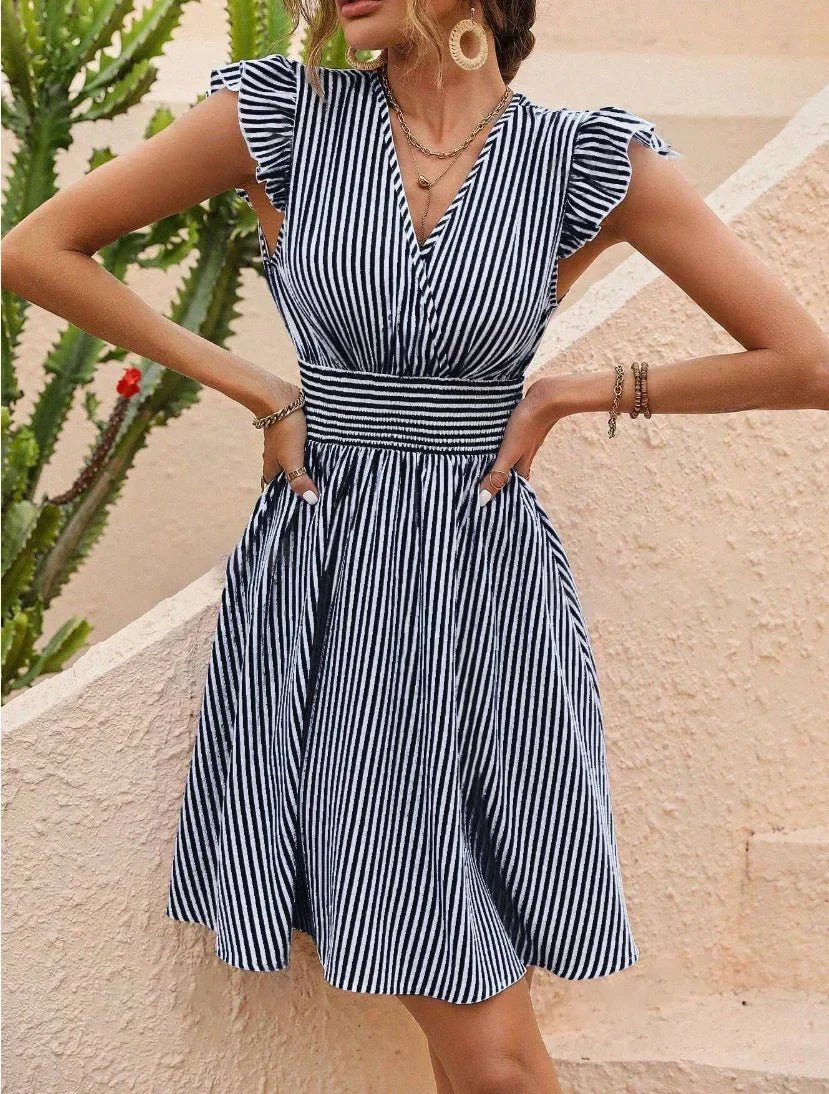 Women’s Striped Mini Dress with V - Neck and Ruffle Cap Sleeves – Summer Dress