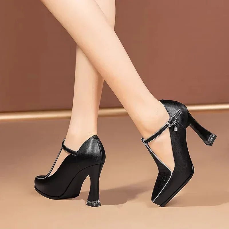 Women’s T - Strap Block Heels with Pointed Toe and Buckle Closure