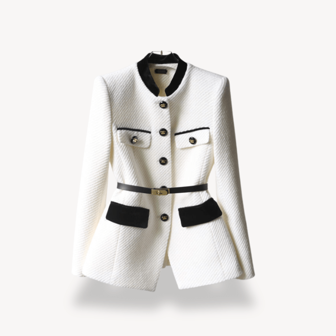 Women’s Tailored Belted Blazer with Button Front and Contrast Trim
