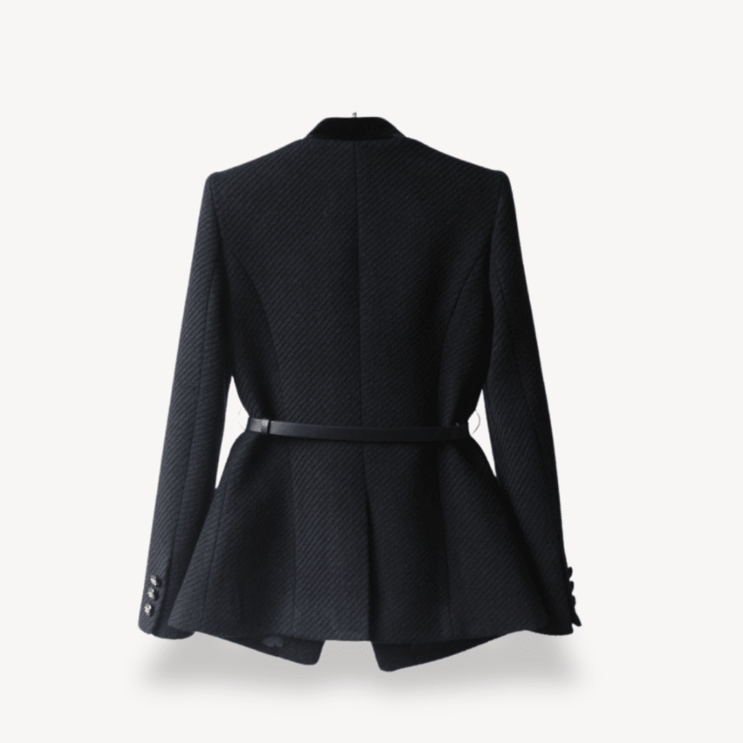 Women’s Tailored Belted Blazer with Button Front and Contrast Trim