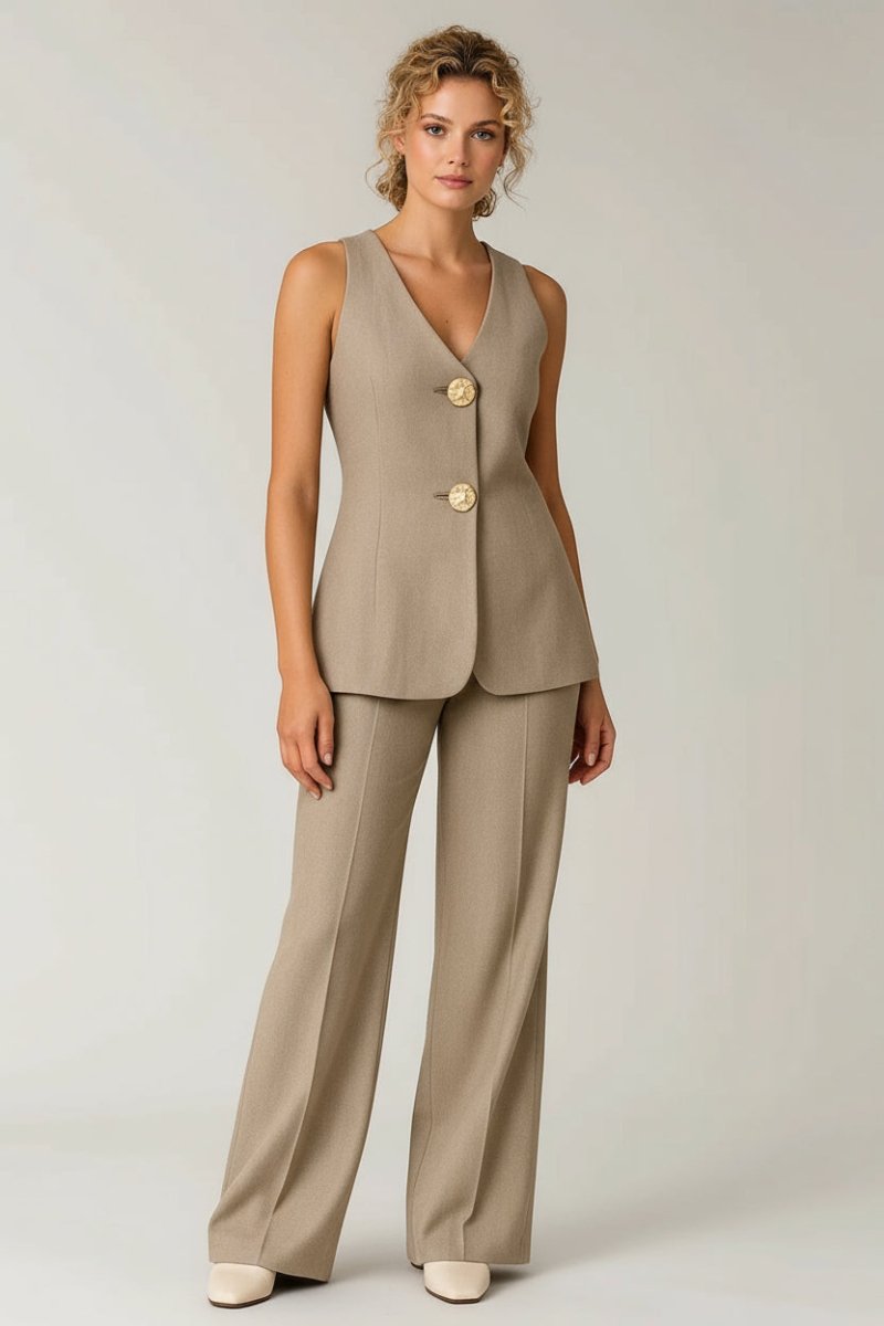 Women’s Tailored Two - Piece Set – Long Fitted Vest and Straight - Leg Pants