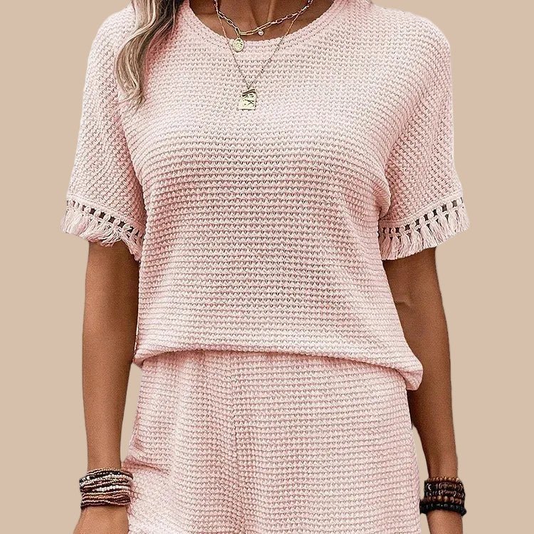 Women’s Textured Tassel Trim Top and Shorts Two Piece Set