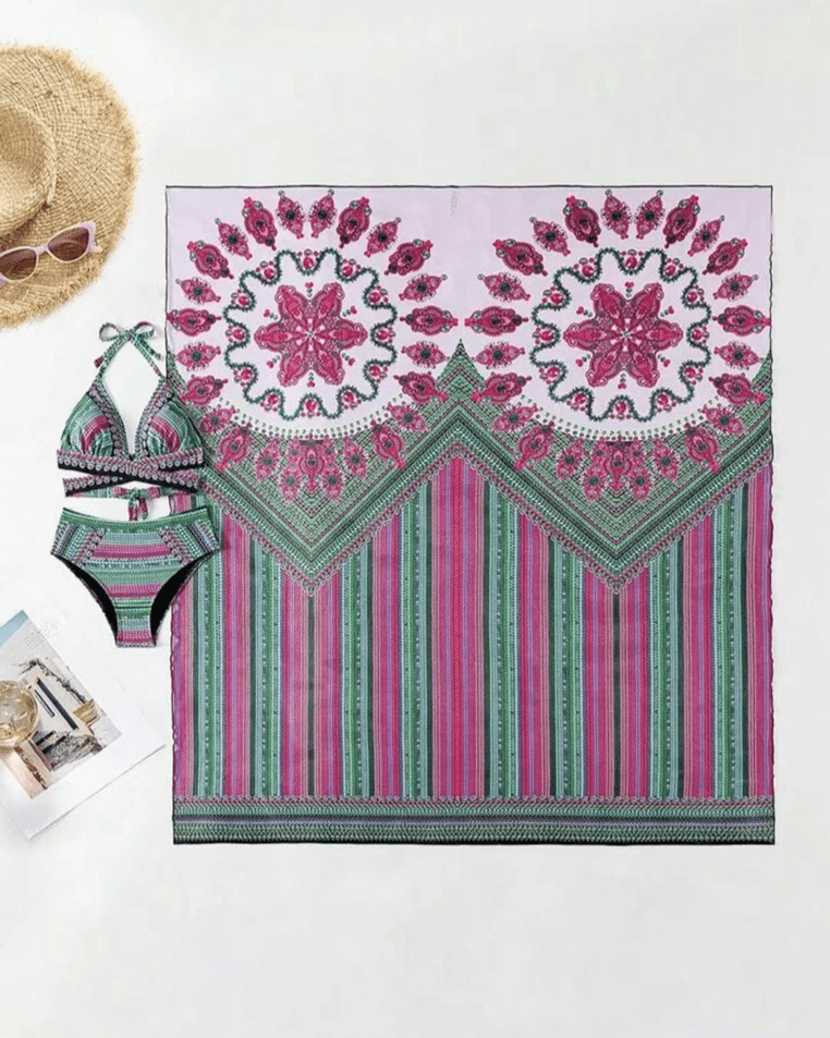 Women’s Three Piece Bikini Set with Triangle Top High Waist Bottom and Printed Shawl