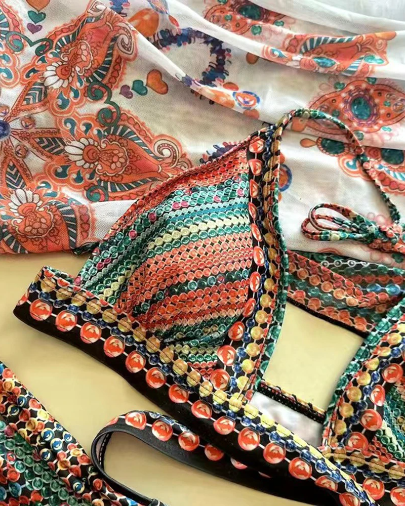 Women’s Three Piece Bikini Set with Triangle Top High Waist Bottom and Printed Shawl