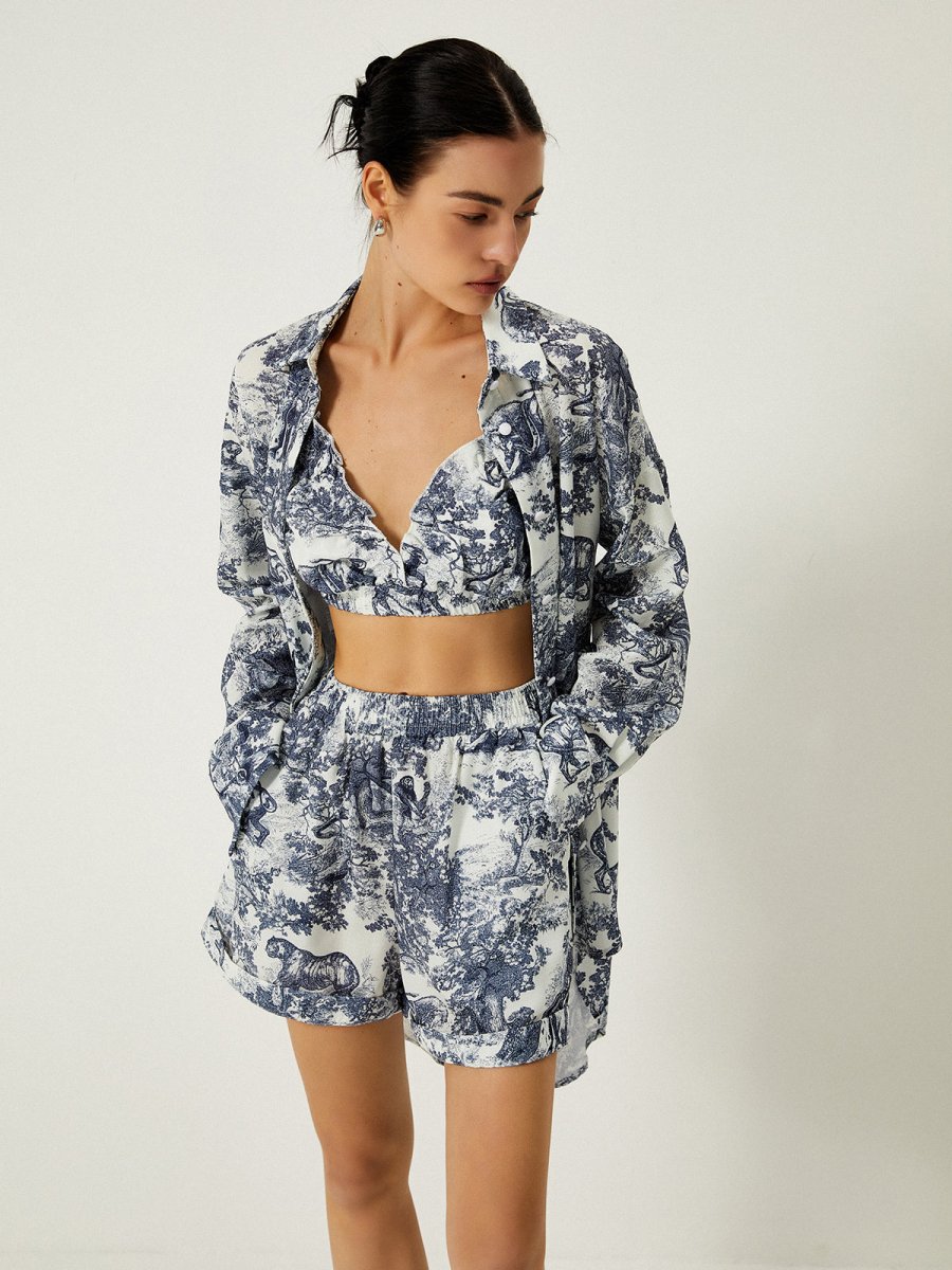 Women’s Three - Piece Shorts Set with Printed Bralette, Button - Front Shirt, and Elastic Waist Shorts