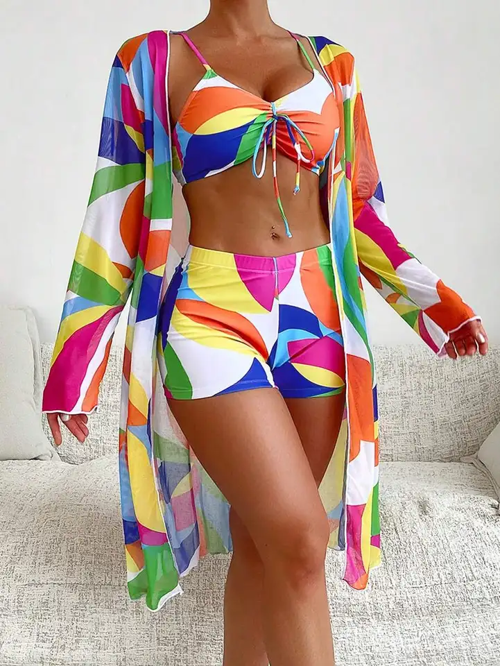 Women’s Three Piece Swim Set with Drawstring Crop Top High - Waist Shorts and Long Sleeve Sheer Cover - Up
