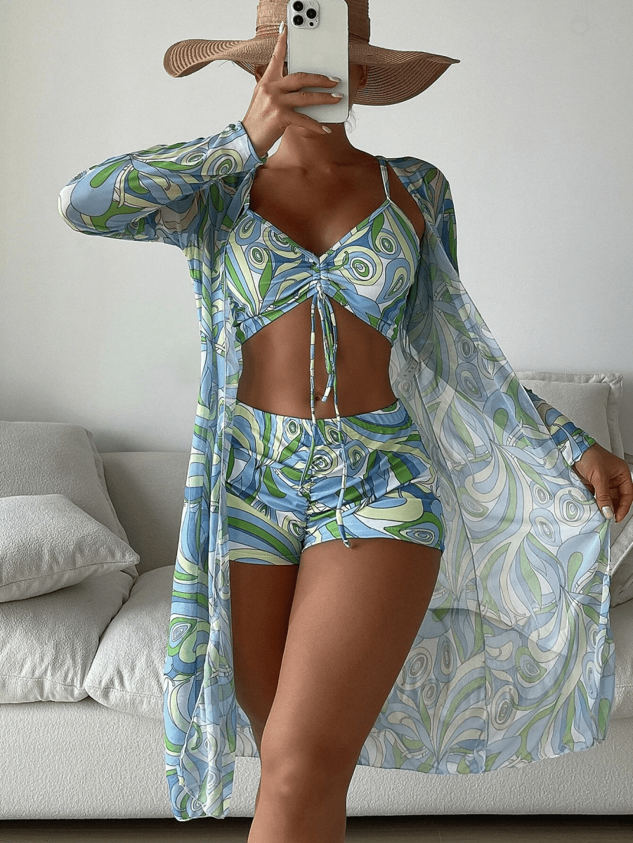 Women’s Three Piece Swim Set with Drawstring Crop Top High - Waist Shorts and Long Sleeve Sheer Cover - Up