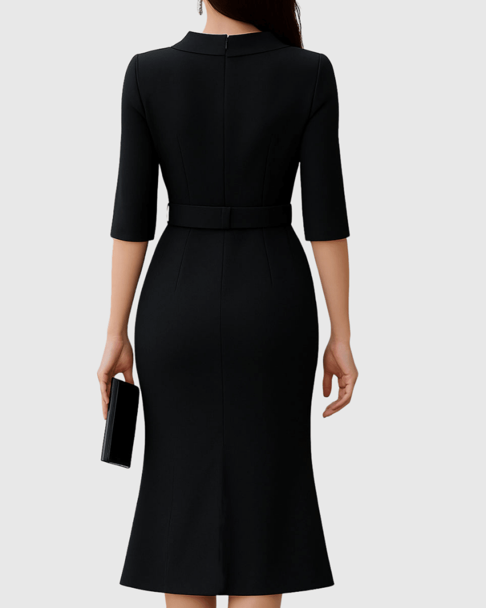 Women’s Three - Quarter Sleeve Midi Dress with Belted Waist and Front Slit