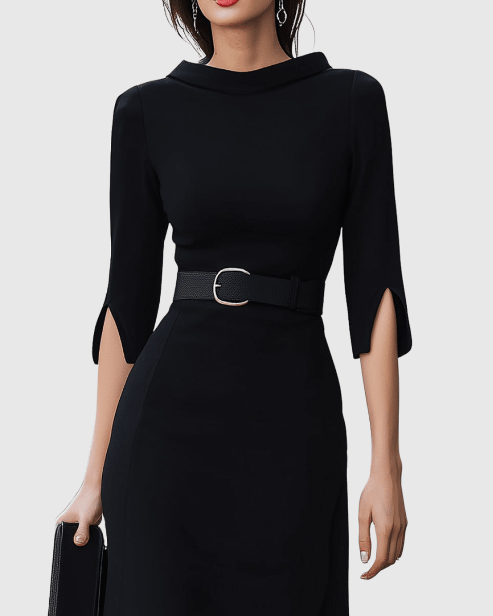 Women’s Three - Quarter Sleeve Midi Dress with Belted Waist and Front Slit