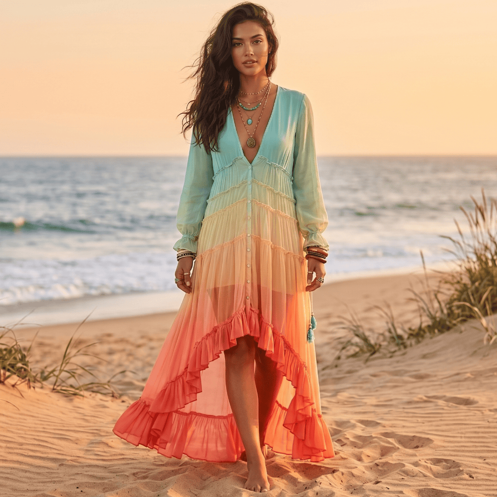 Women’s Tiered Boho Maxi Dress with Long Sleeves and V - Neck Bodice