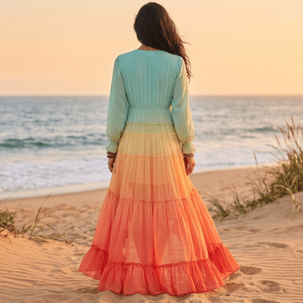 Women’s Tiered Boho Maxi Dress with Long Sleeves and V - Neck Bodice
