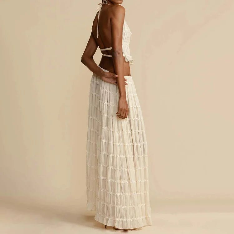 Women’s Two Piece Set with Halter Neck Ruffle Top and Pleated Maxi Skirt