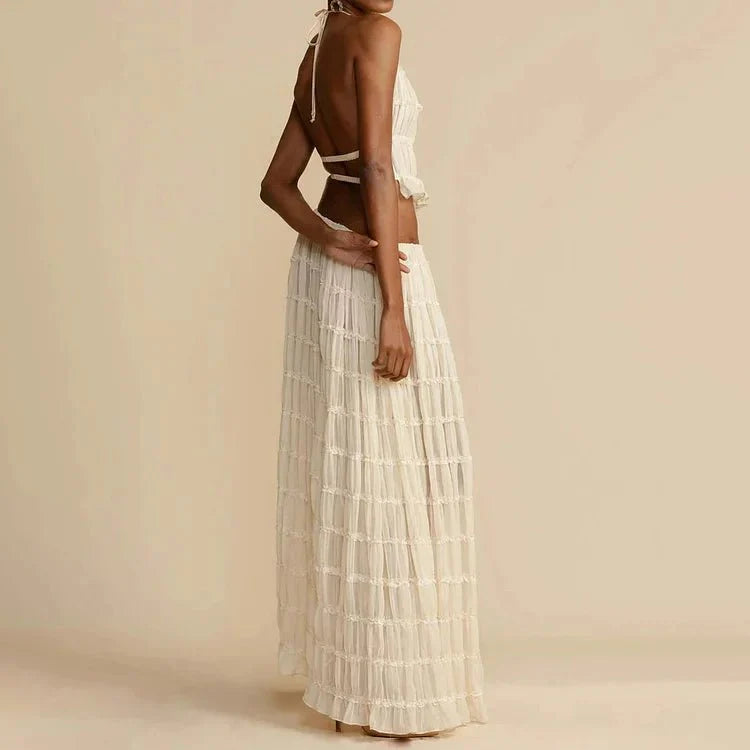 Women’s Two Piece Set with Halter Neck Ruffle Top and Pleated Maxi Skirt