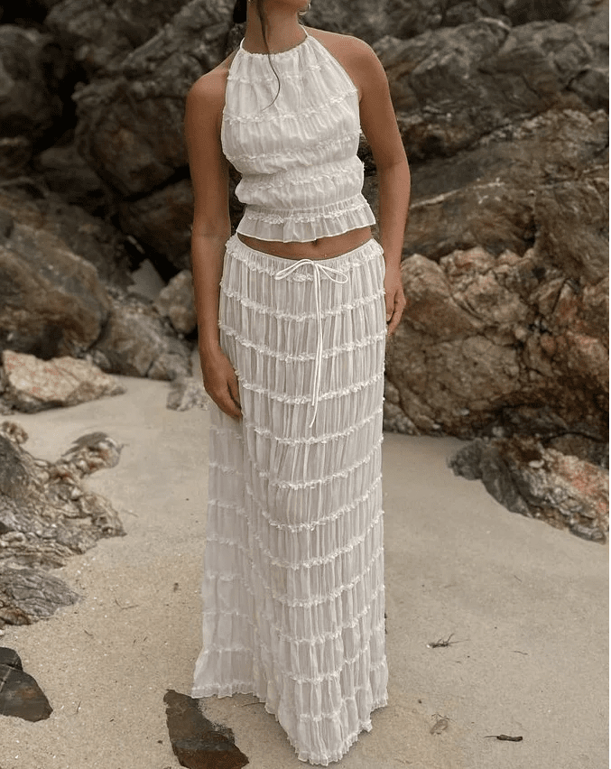 Women’s Two Piece Set with Halter Neck Ruffle Top and Pleated Maxi Skirt