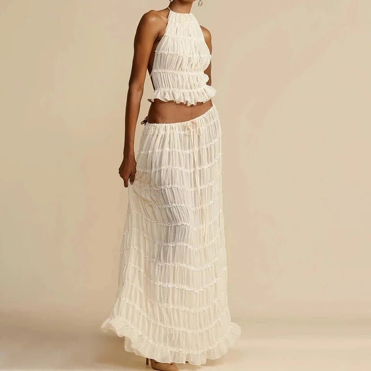 Women’s Two Piece Set with Halter Neck Ruffle Top and Pleated Maxi Skirt