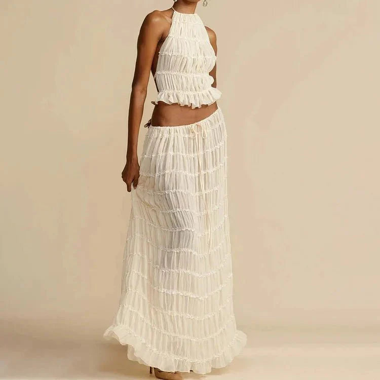Women’s Two Piece Set with Halter Neck Ruffle Top and Pleated Maxi Skirt