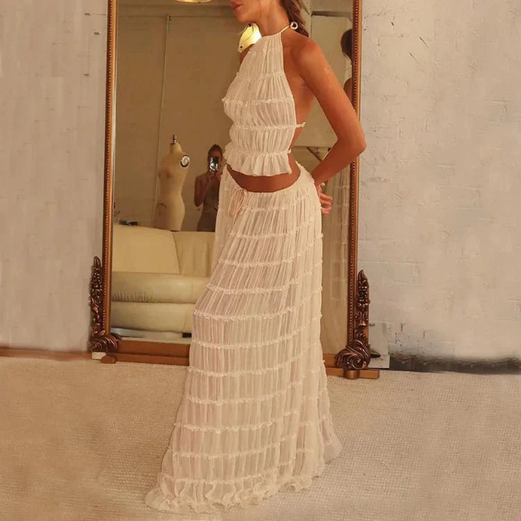 Women’s Two Piece Set with Halter Neck Ruffle Top and Pleated Maxi Skirt