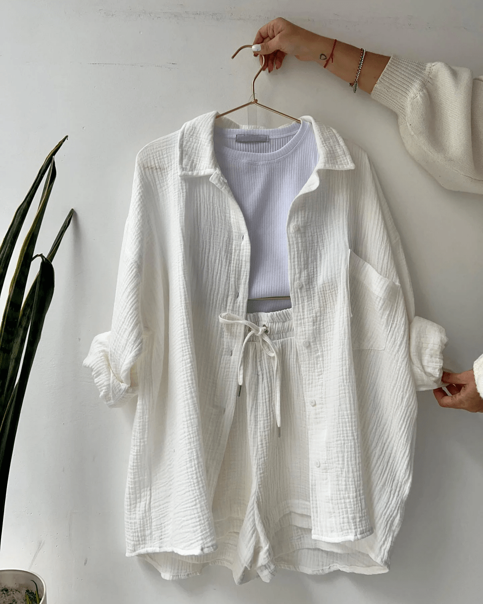 Women’s Two Piece Set with Long Sleeve Button Front Shirt and Drawstring Shorts