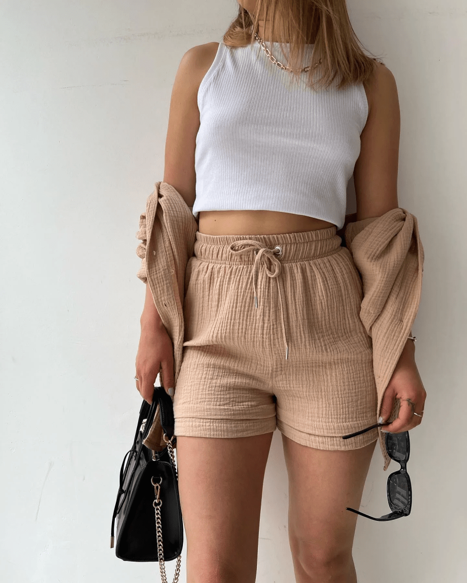 Women’s Two Piece Set with Long Sleeve Button Front Shirt and Drawstring Shorts