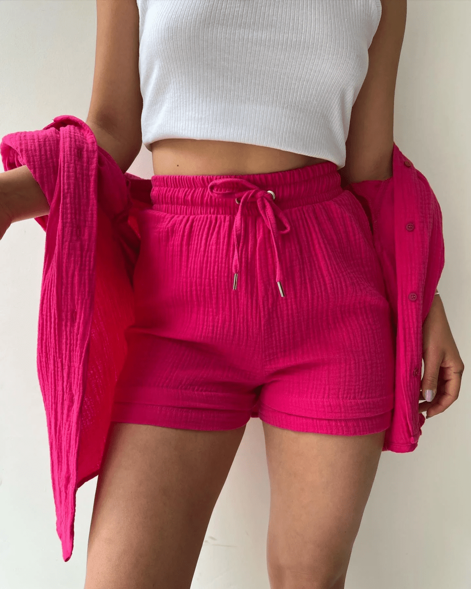 Women’s Two Piece Set with Long Sleeve Button Front Shirt and Drawstring Shorts