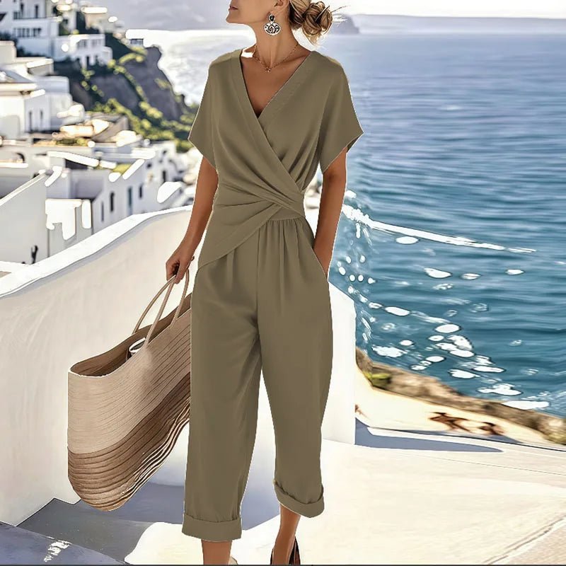 Women’s Two Piece Set with Short Sleeve Wrap Top and Cropped Pants