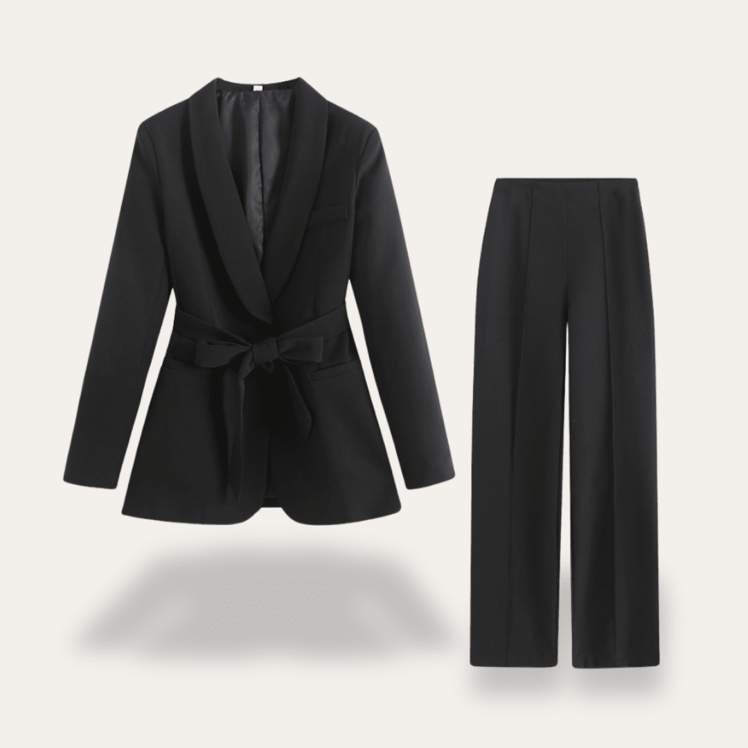 Women’s Two - Piece Suit Set with Belted Blazer and Wide - Leg Trousers