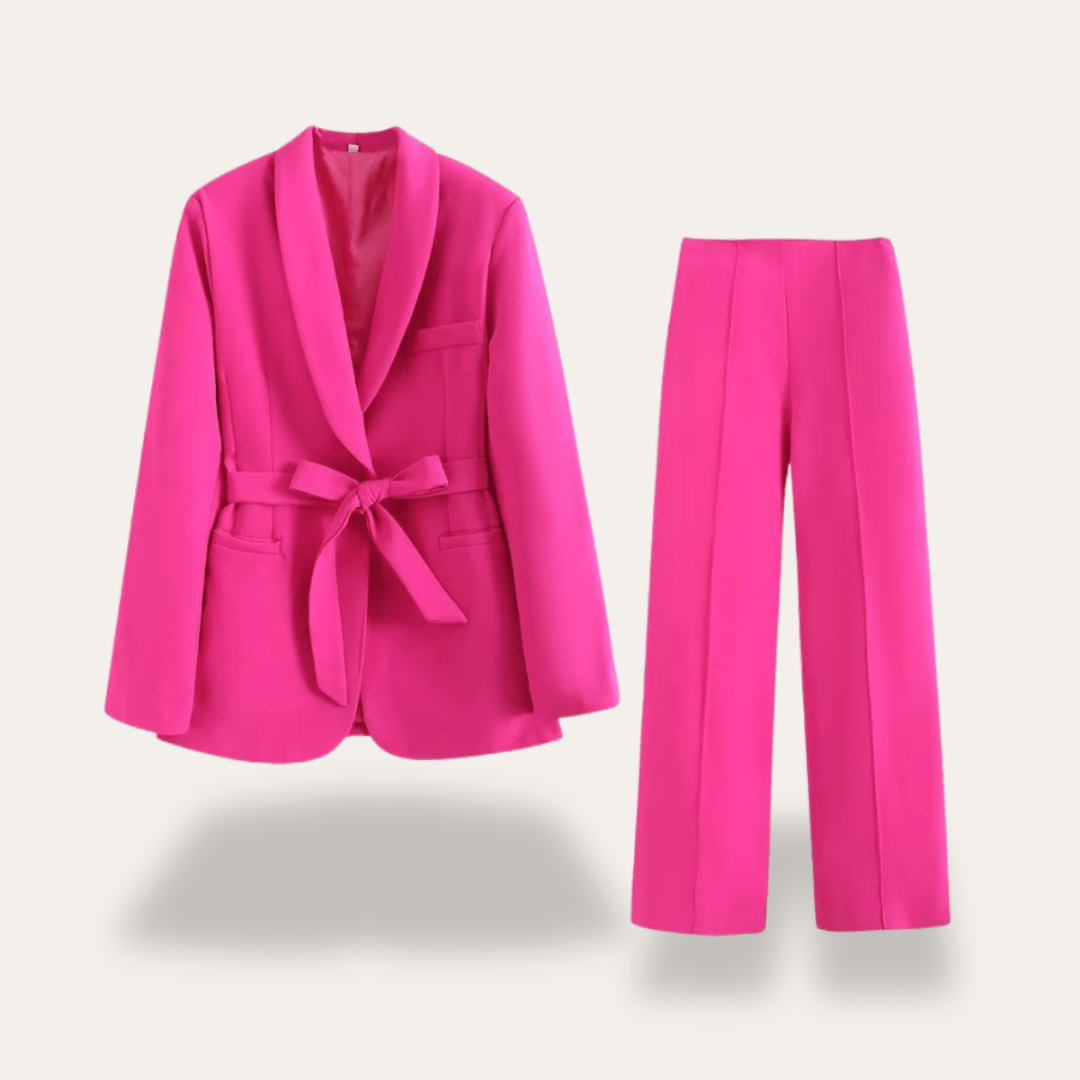 Women’s Two - Piece Suit Set with Belted Blazer and Wide - Leg Trousers