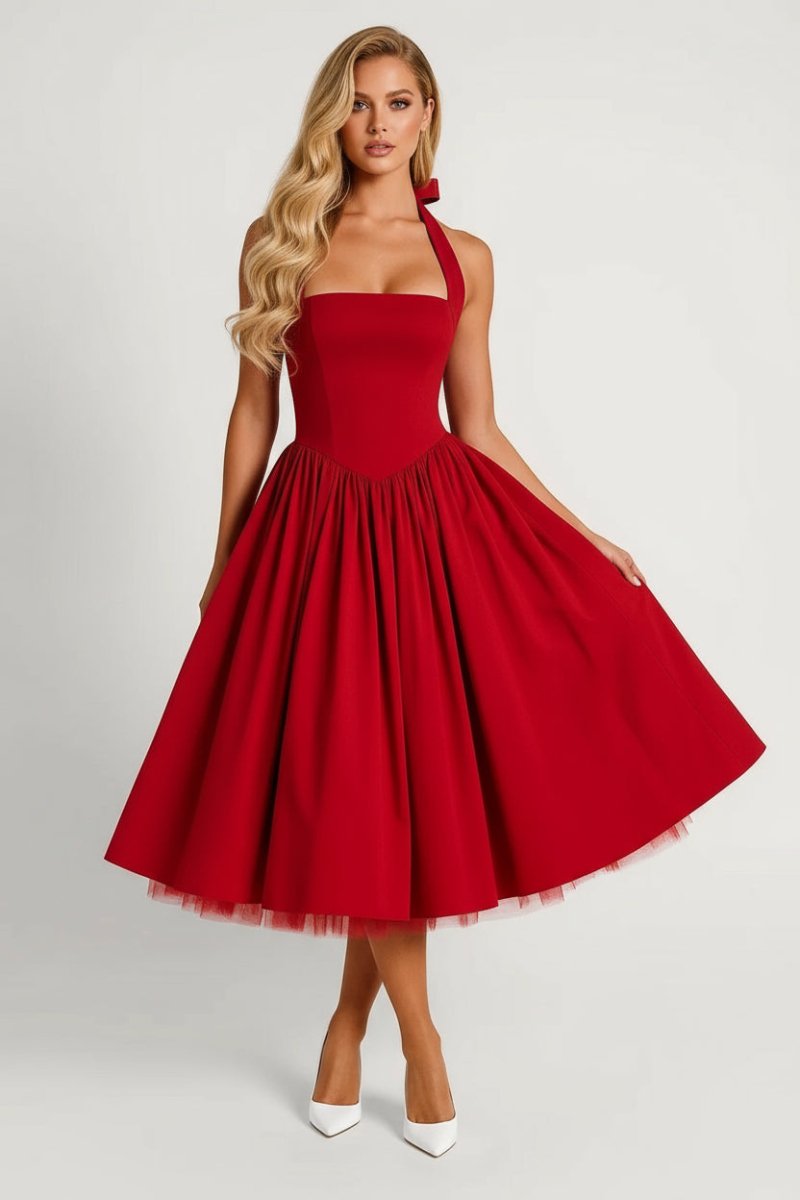 Women’s Vintage Midi Dress – Halter Neck Flared A - Line Design